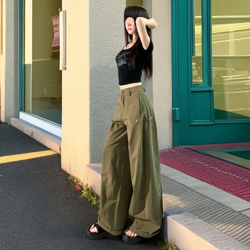 2331早秋薄款设计感美式复古显瘦多口袋弯刀裤百搭阔腿纯欲慵懒风