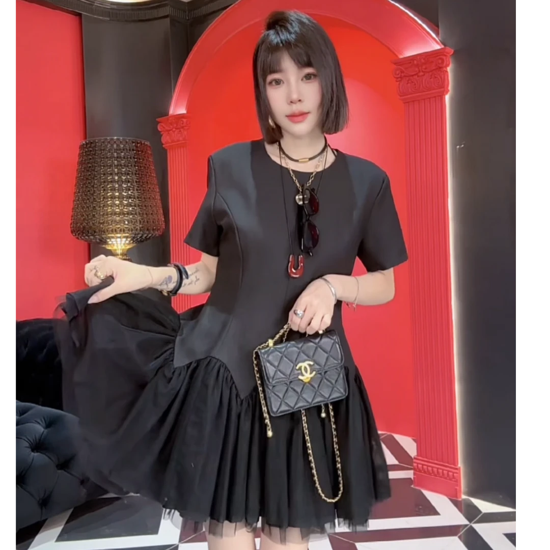 MMD【欧货】气质立体花朵网纱拼接短款收腰减龄连衣裙6638