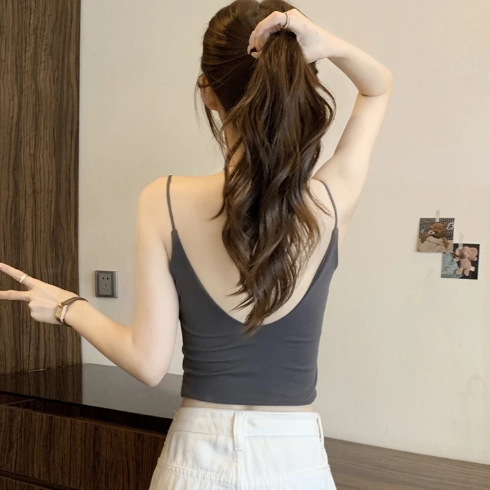 美背小吊带背心女内搭带胸垫夏外穿2025新款v领无袖短款打底上衣