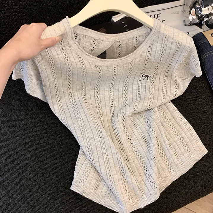 韩版镂空钩花短袖毛针织衫女夏季2025年薄款设计感时尚纯色上衣潮