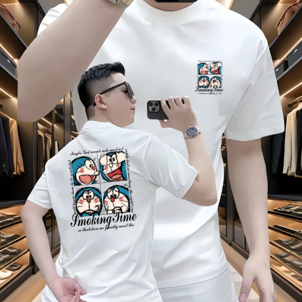 韩版修身纯棉圆领短袖百搭T恤男装基础大众印花白色夏季ins半袖