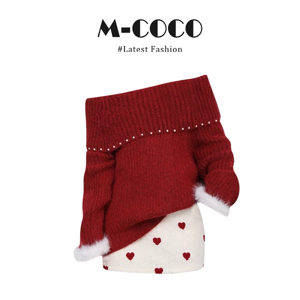 MARIE.COCO圣诞新年红色一字肩毛衣针织衫上衣高腰爱心半身裙套装