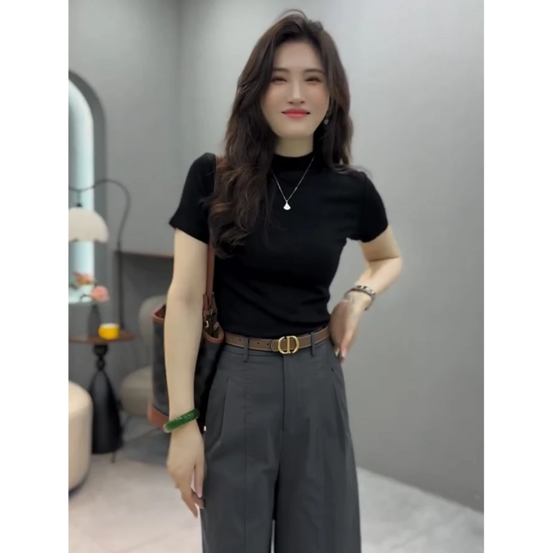 欧货简约休闲半高领短袖T恤衫女2025夏季新款修身显瘦气质小上衣