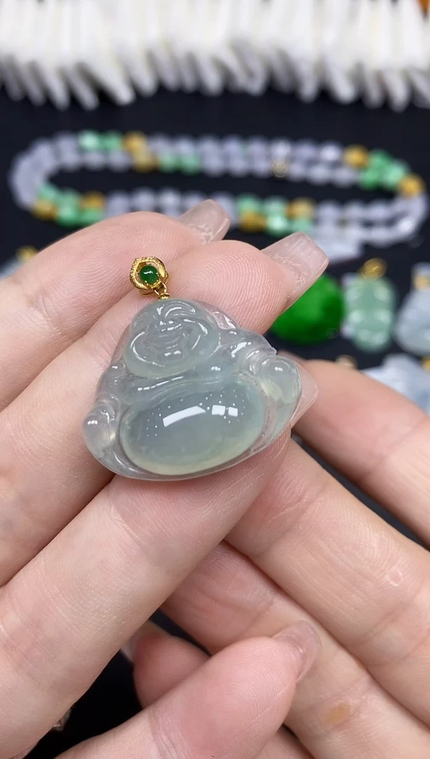 吊坠(不含链)18K金镶嵌翡翠佛公18K金扣镶嵌@@CMT