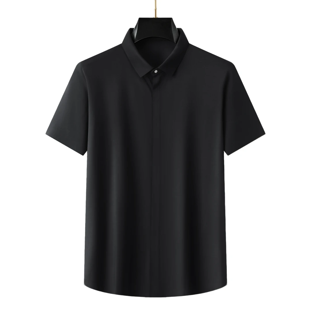 夏季纯色衬衫男士男装休闲商务拉链翻领透气半袖薄款宽松速干无痕