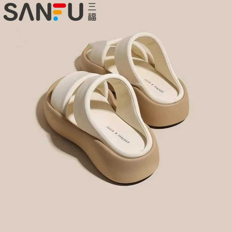 三福百搭真皮厚底拖鞋女夏2025新款高级感一字拖时尚凉鞋防滑凉拖