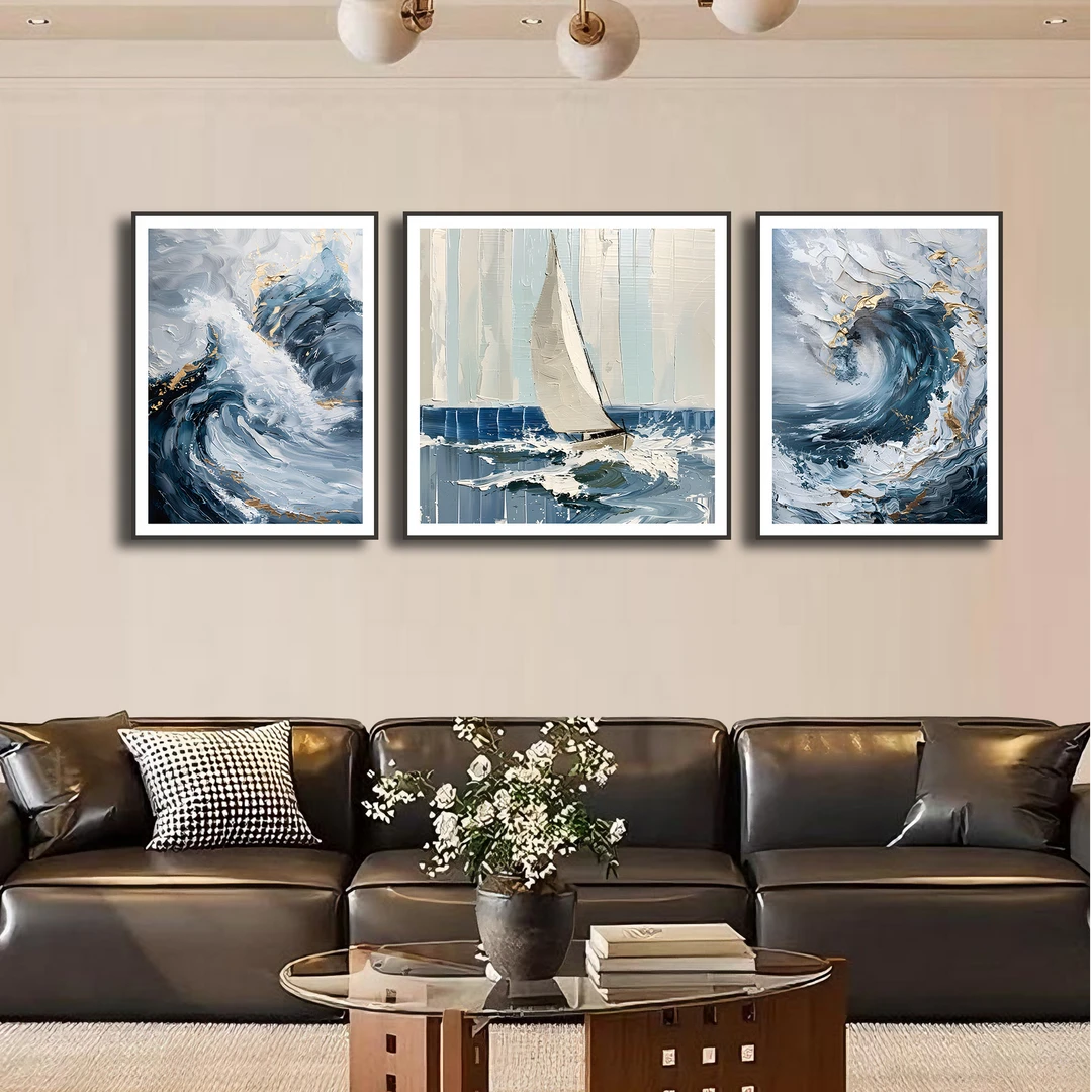 【黎总】风生水起 手工油画客厅装饰画三联油画法式沙发背景墙挂画