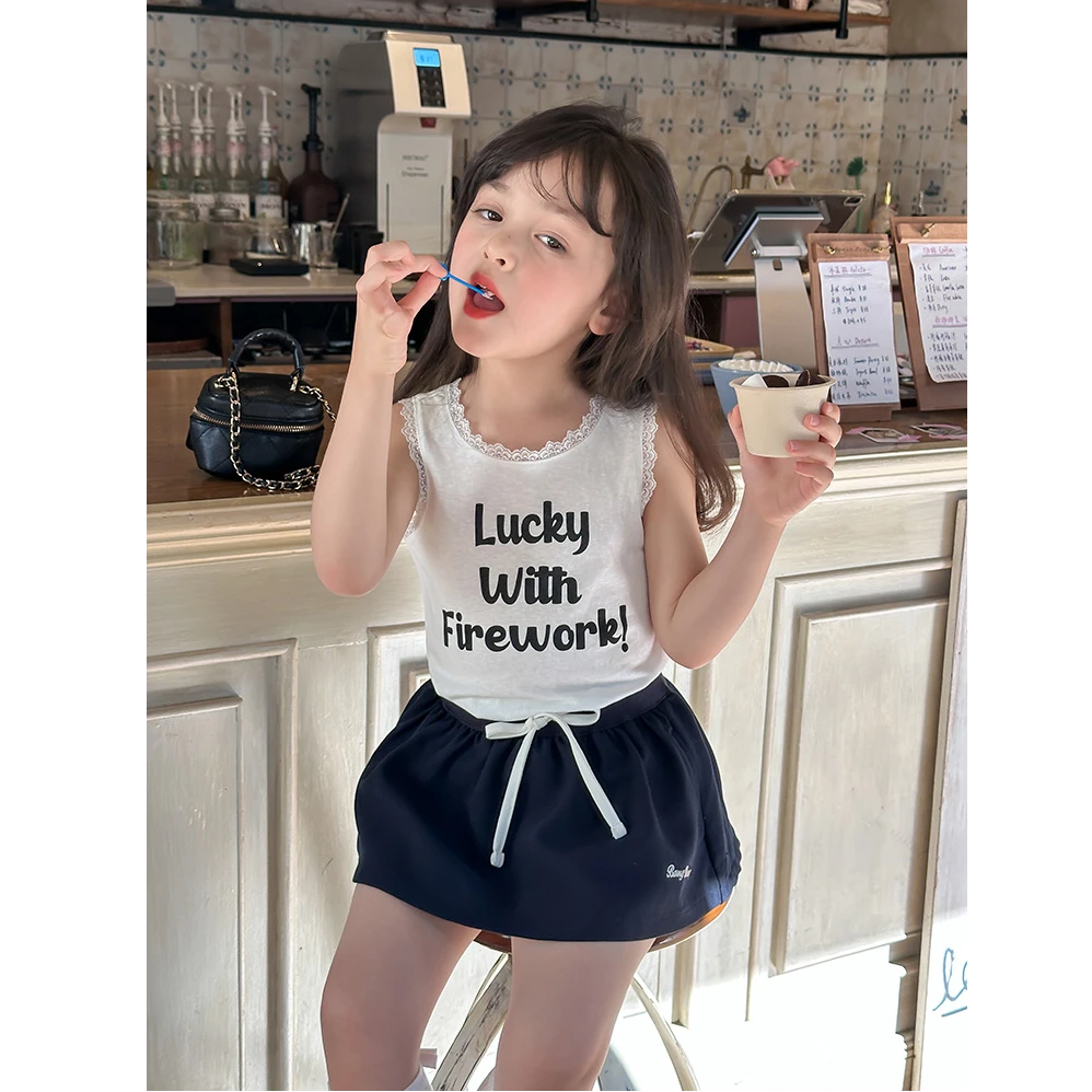 【现货】女童洋气内搭无袖T恤潮韩版字母甜美蕾丝花边小背心25B029