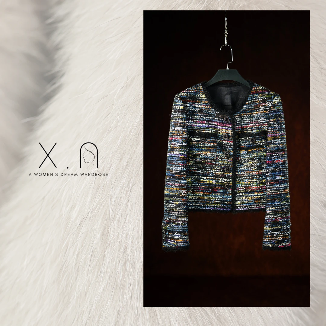 羊毛混纺七彩粗花呢小香风外套精致时尚显瘦气质百搭高级感26