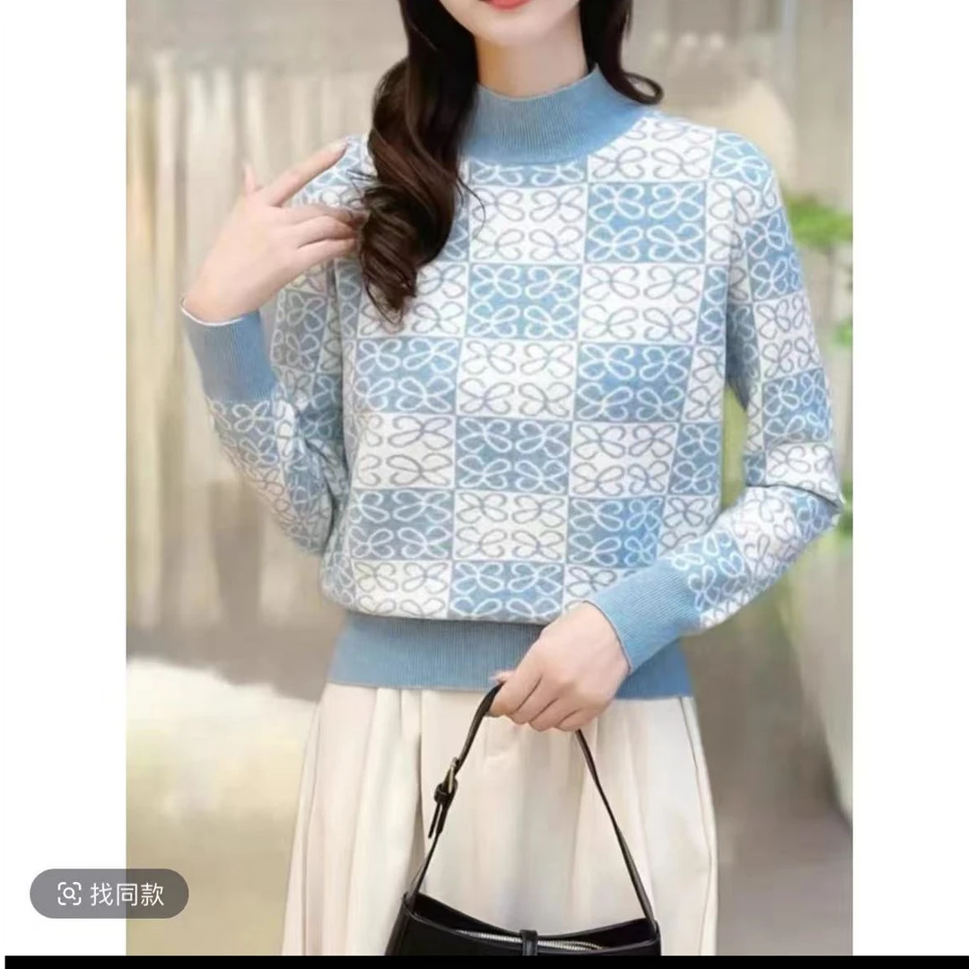 805【浅蓝   棋盘格加厚针织衫】高级感气质针织女毛衣