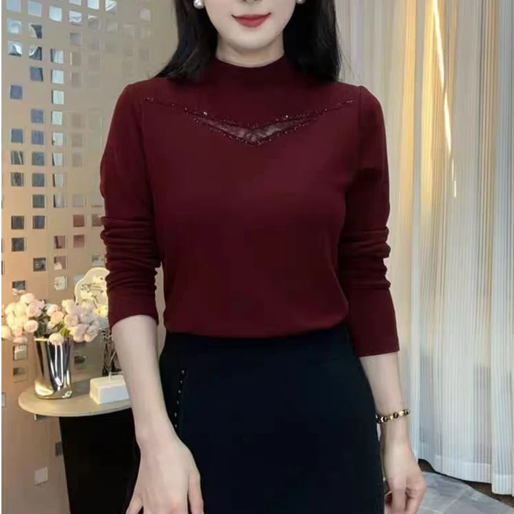 修身纯色半高领外穿防晒镂空烫钻气质女人味打底上衣长袖防晒衣