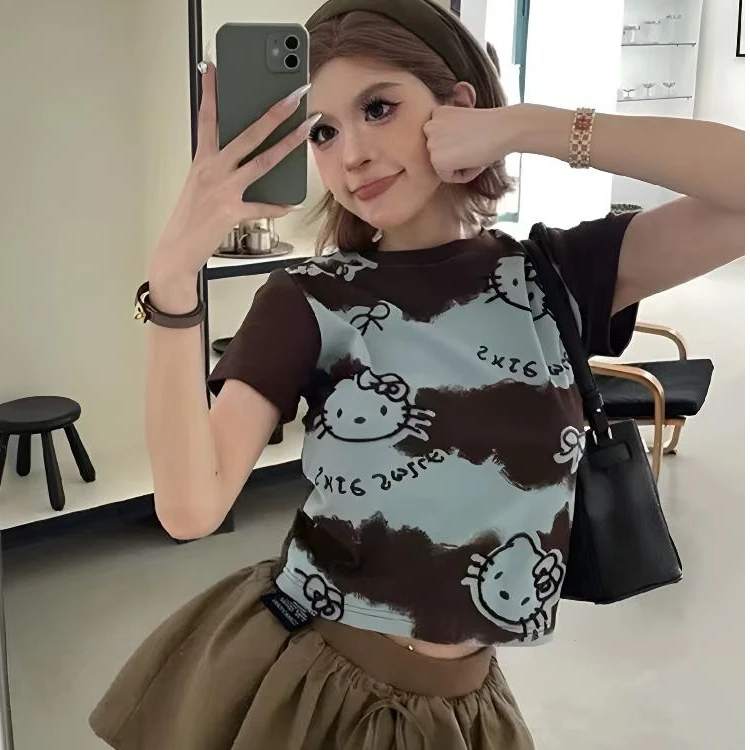 美式复古卡通kitty猫印花正肩短袖t恤女夏季修身显瘦辣妹短款上衣