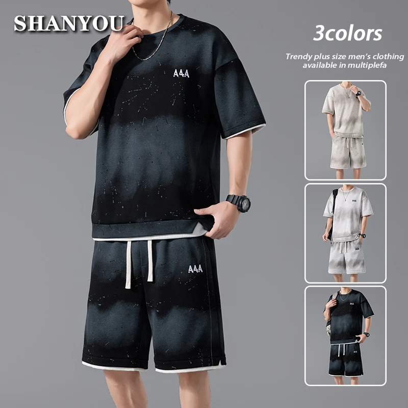 夏季新款大码休闲套装男生潮短袖T恤运动时尚百搭宽松短裤两件套