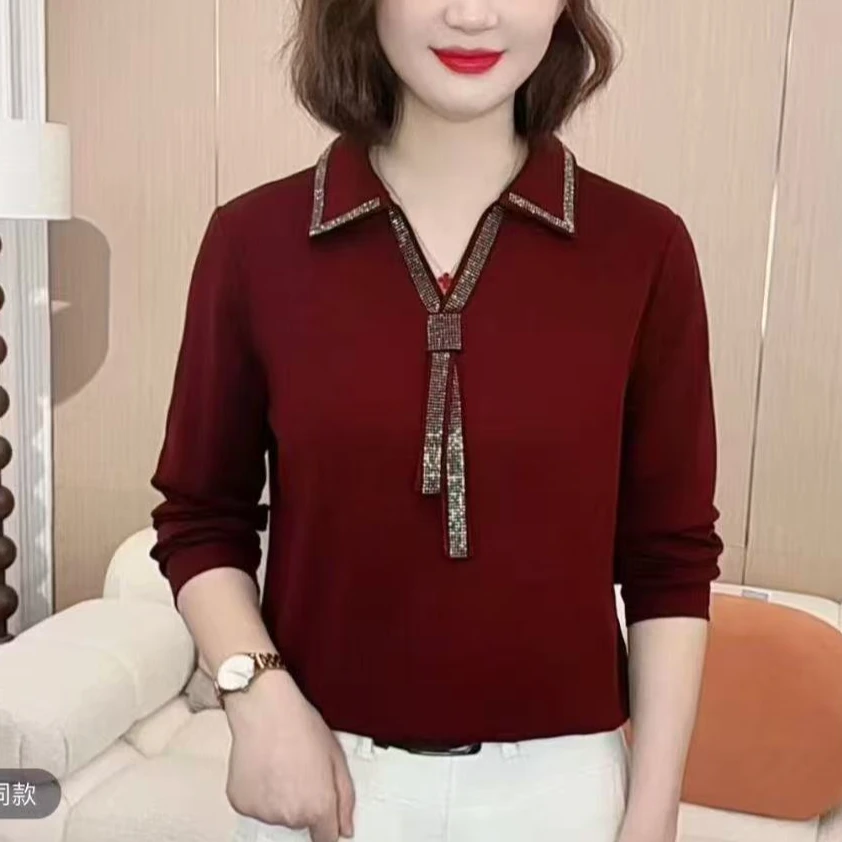 2025秋季新品洋气重工烫钻休闲百搭翻领纯色打底衬衫大码减龄女装