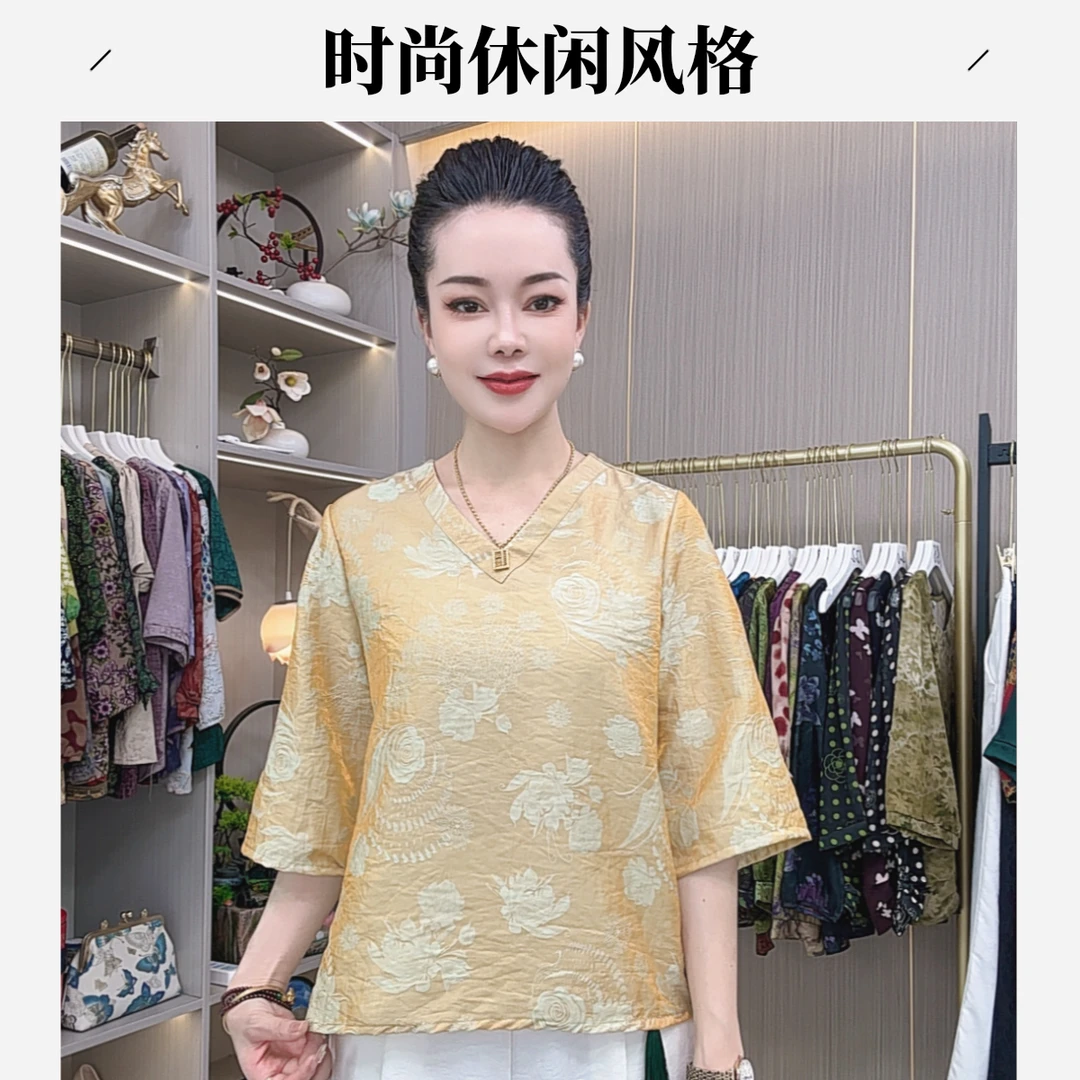 122【浮光锦】新款透气显瘦时尚百搭气质T恤五分袖薄款减龄妈妈小衫