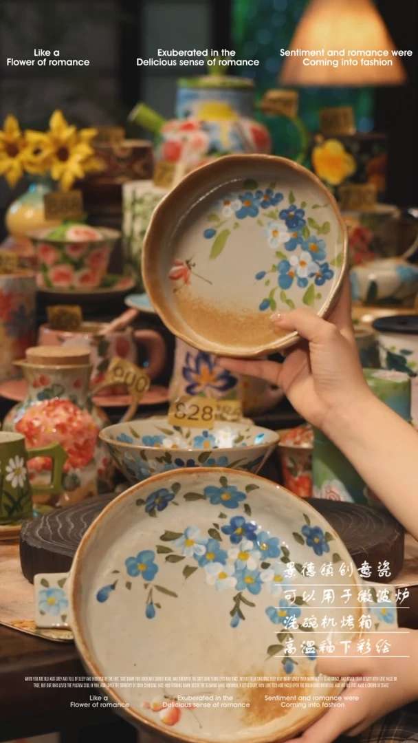 陶瓷三件套景德镇高温釉下彩绘设计师款式