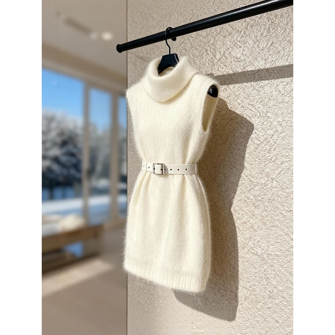 出席重要场合的裙子小个子气质收腰叠穿白色针织高领背心连衣裙冬