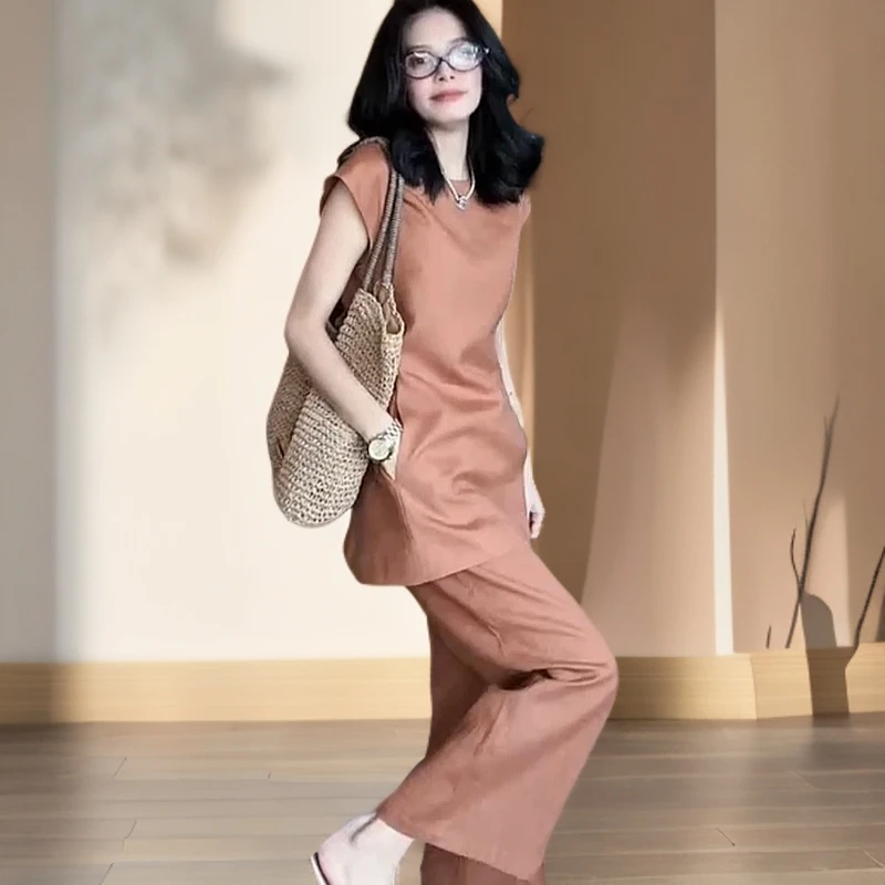 时尚套装极简风慵懒风休闲风阔腿裤上衣套装女神短袖西装开叉亚