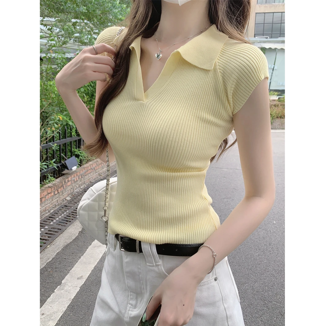 polo领小飞袖短袖t恤女夏季修身高腰短款针织女上衣