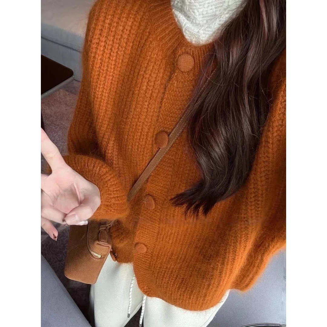 B 门店69&9！南瓜毛衣」棒针羊毛混纺加厚保暖圆领针织外套女 T4800