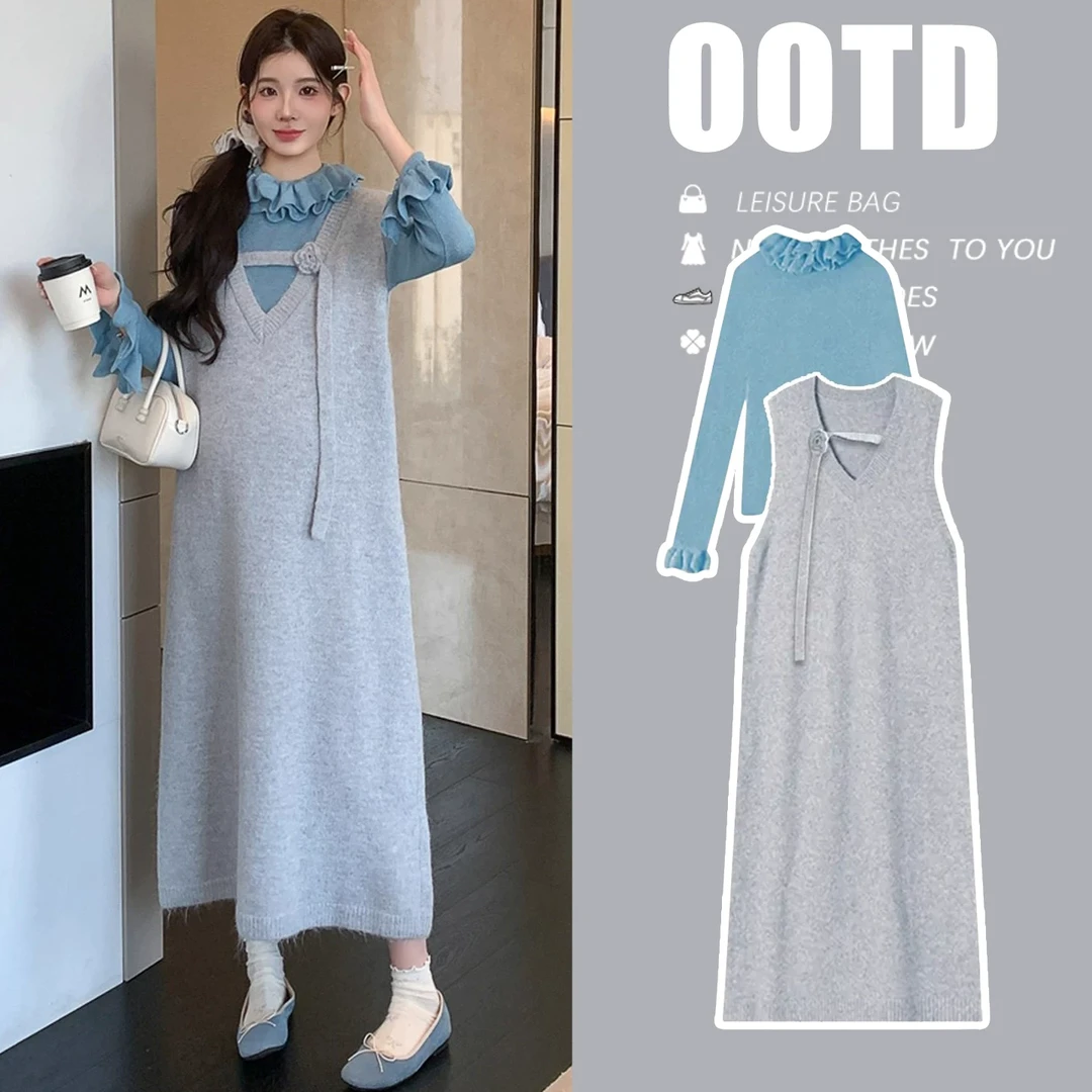 孕妇装中晚期秋冬季冬天套装新款甜美毛衣背心裙孕妇孕妈孕妇上衣