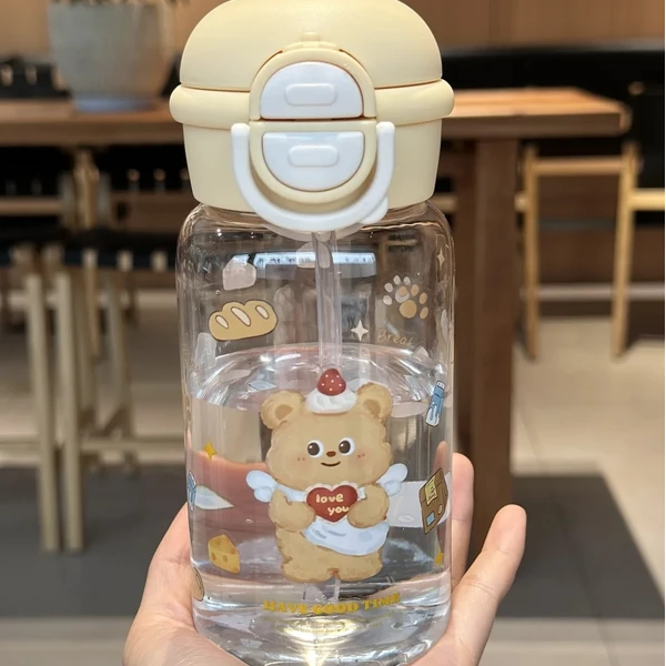 新款卡通女生可爱塑料杯便携学生弹跳盖吸管杯高颜值吸管双饮水杯