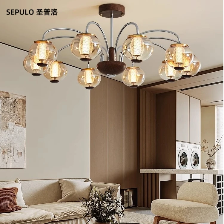 圣普洛美式复古胡桃木色主卧灯设计师中古风大气客厅房间枝型吊灯