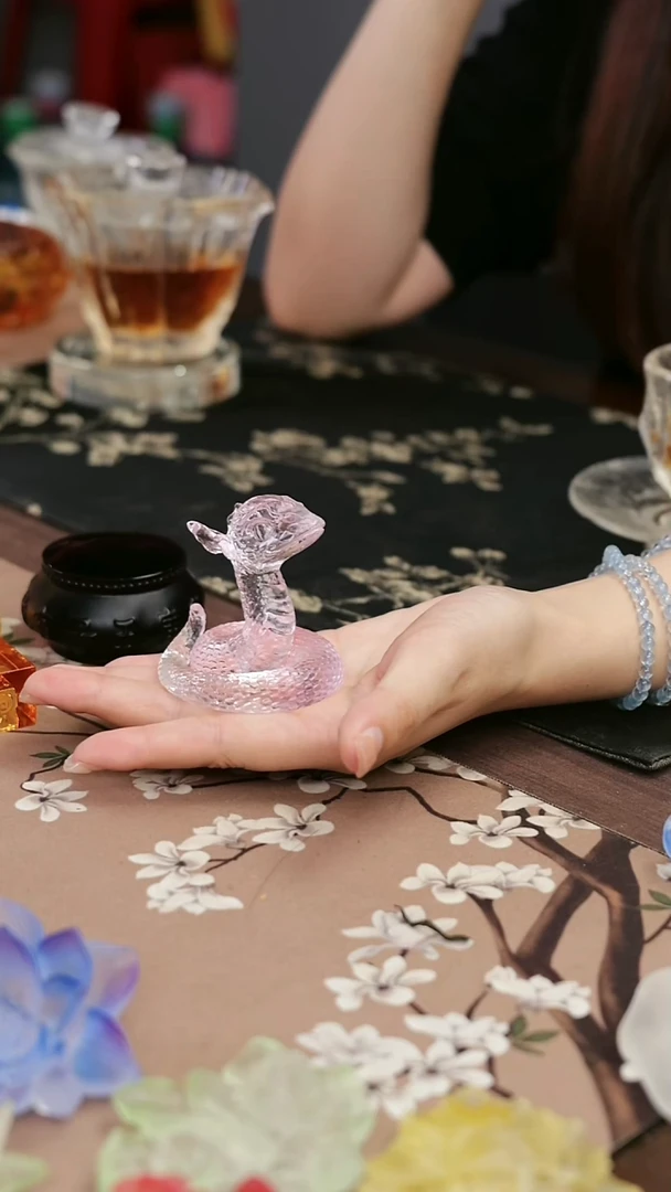 琉璃手工艺品粉色灵蛇茶宠摆件