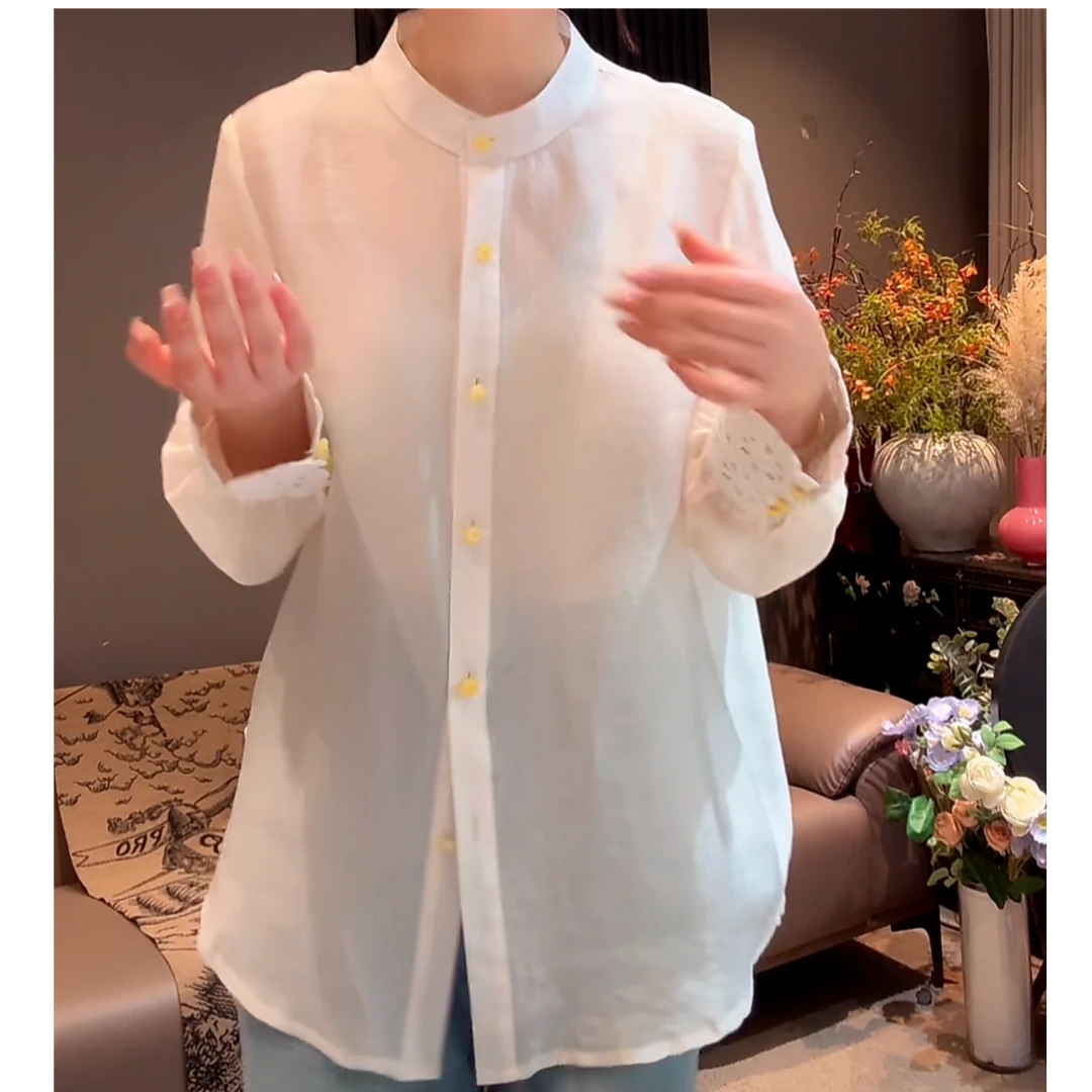 袖口三粒珠衬衫2025新款春季新中式国风时尚人造丝薄款外穿衬衣