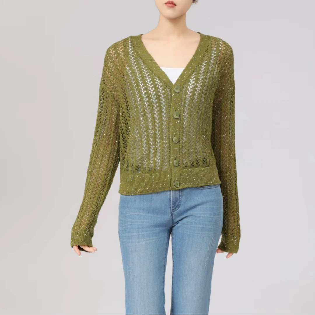 AMASS/阿玛施夏季时尚舒适镂空网编织银色亮片针织开衫5499257