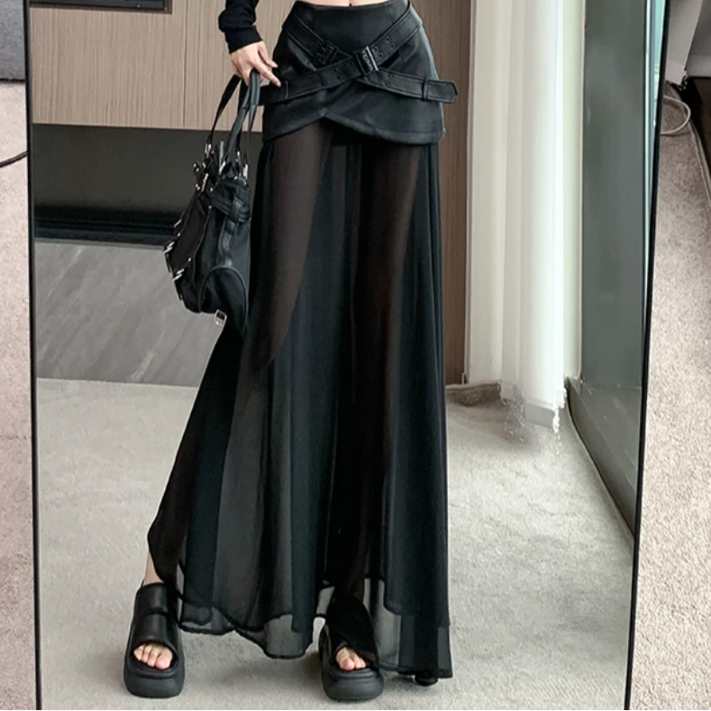 辣妹设计感修身显瘦网纱假两件T恤+时尚复古高腰拼接A字半身裙