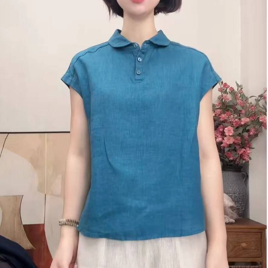 100%亚麻元宝领洋气简约纯色短袖衬衫2025新夏女装气质复古上衣女