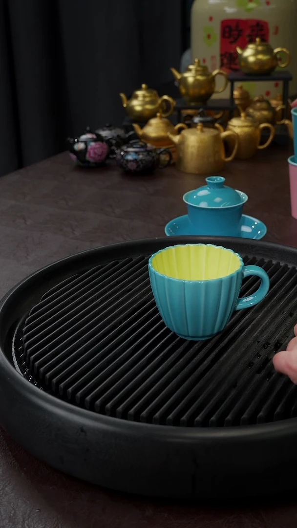 【闪购商品】杯【宜景窑松石蓝】筋纹撞色马克杯