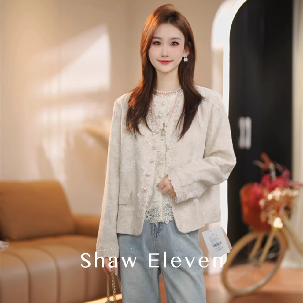 江南【Shaw Eleven】2025春款圆领亚麻蕾丝花边法式浪漫外套88278