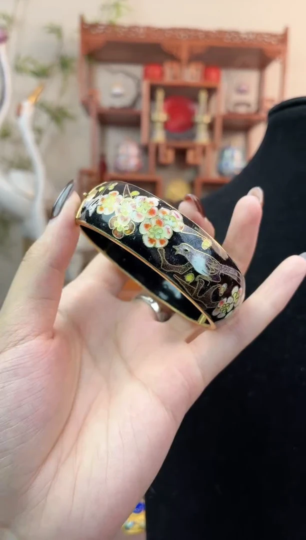 非遗手工景泰蓝开口银蓝镯子黑色