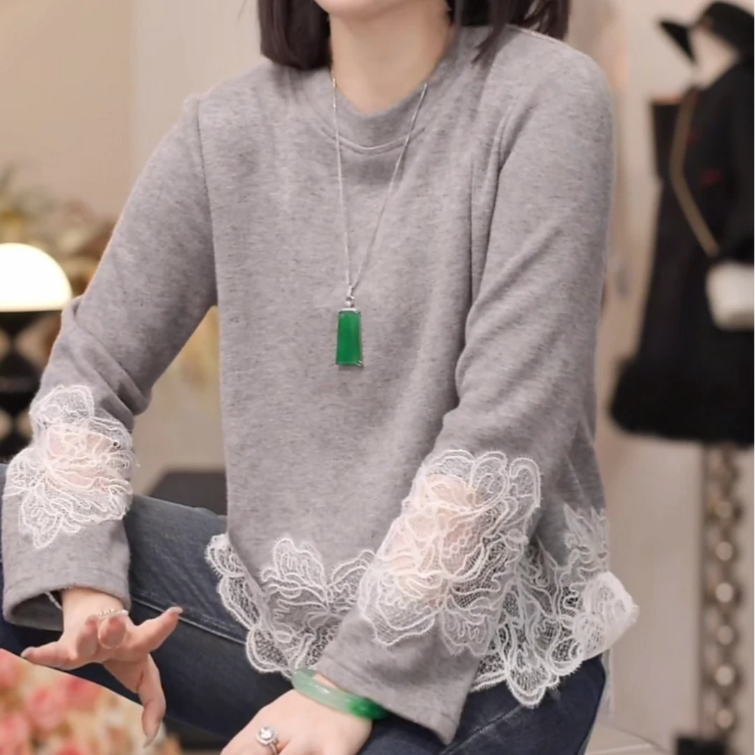 2025早秋新款小众设计感拼接蕾丝钩花上衣时尚洋气百搭高级感卫衣