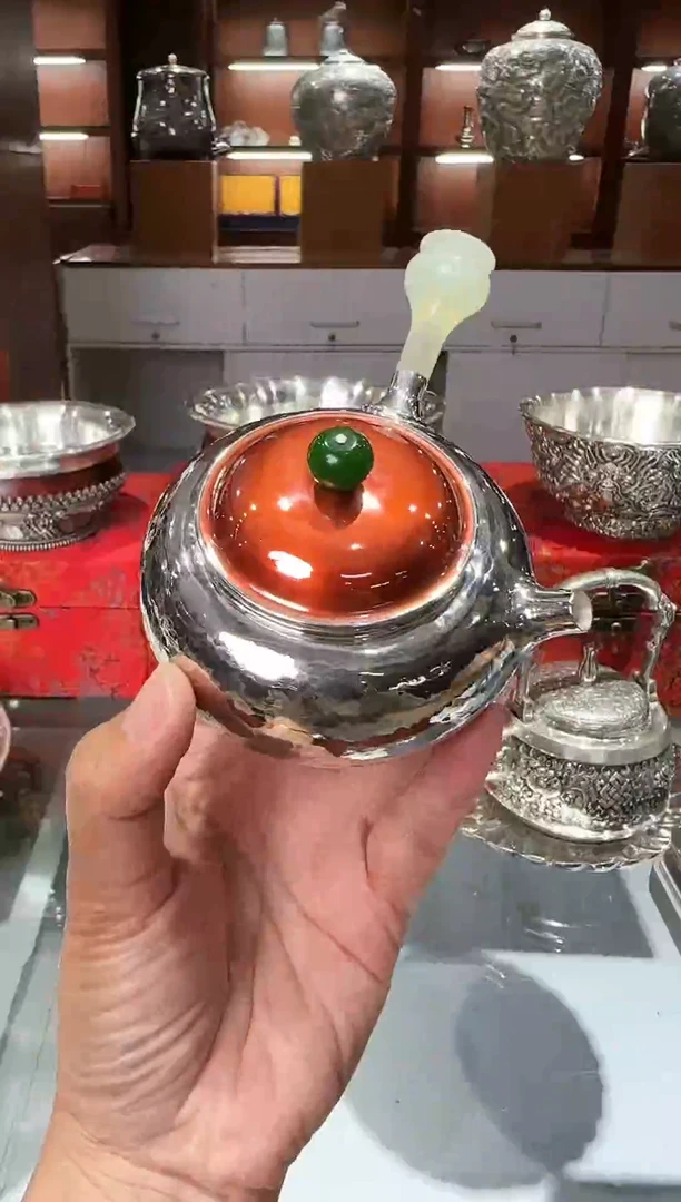 足银999精工手工侧把玉把铜包银盖子泡茶壶