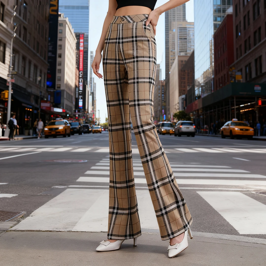 精典英伦格子裤女秋冬款弹力显瘦喇叭裤格纹休闲裤高腰西装微喇裤