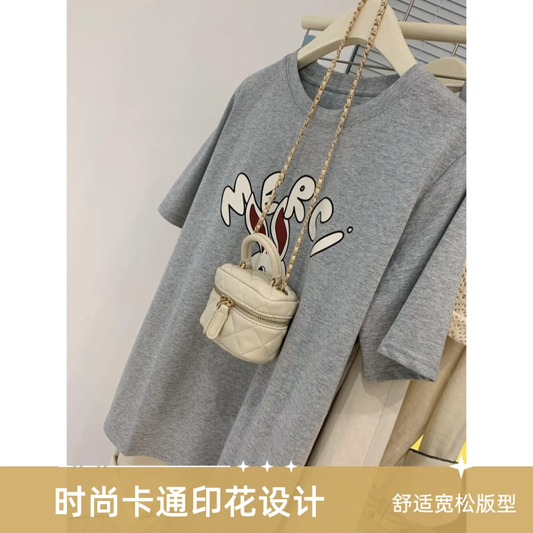 棉 足码原版韩版新款夏季原宿风下衣失踪印花宽松短袖T恤上衣