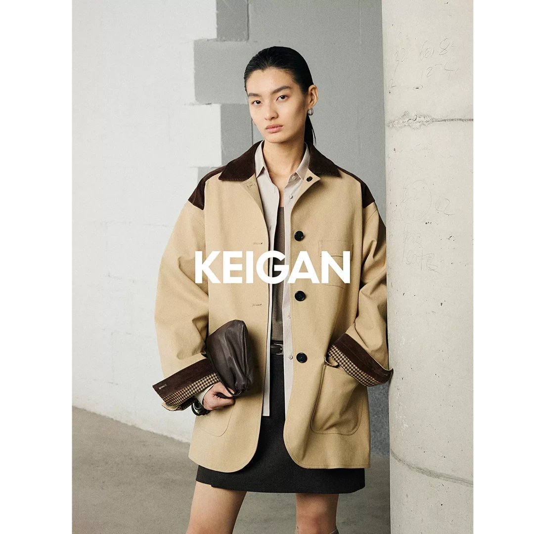 开间/定纺意大利全棉灯芯绒撞色日本格纹拼接 摩登廓形巴恩风夹克