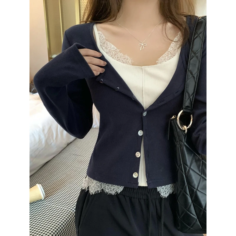 【年货捡漏】乌77纯欲bm睫毛蕾丝吊带拼接假两件上衣女设计感短开衫