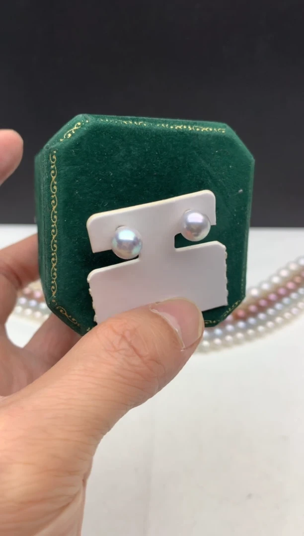 银S925镶嵌ff海水珍珠akoya灰珠耳饰7~8mm