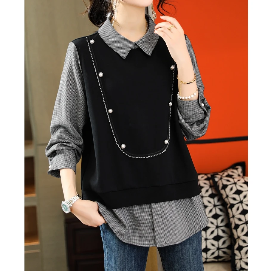 春秋欧洲站大码假两件针织拼接长袖百搭显瘦打底卫衣