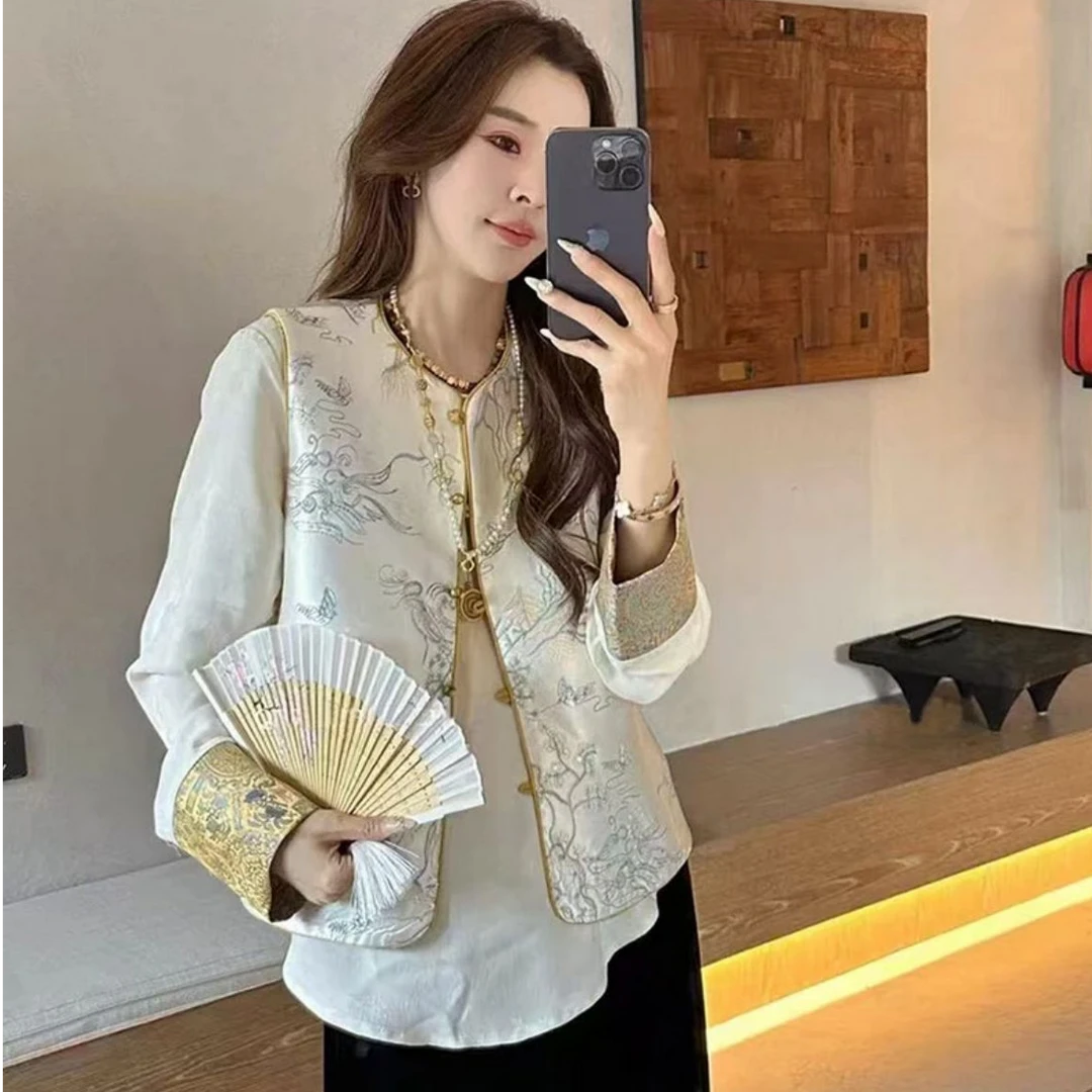 春款秋冬中国风中式民族风网红双面提花唐装时尚上衣无袖冬季