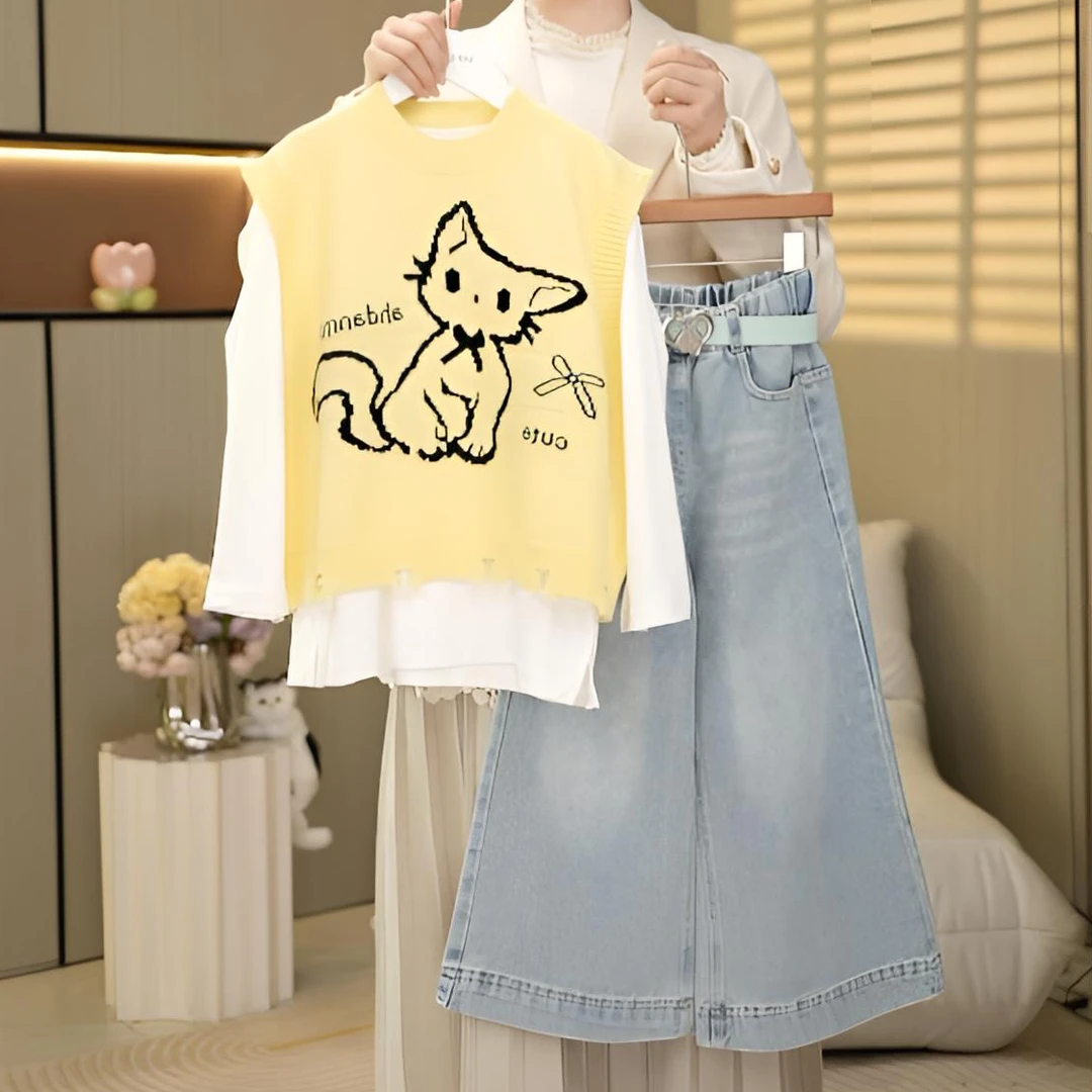 女童毛衣坎肩打底衫套装2025新款洋气时髦针织背心牛仔裤三件套10