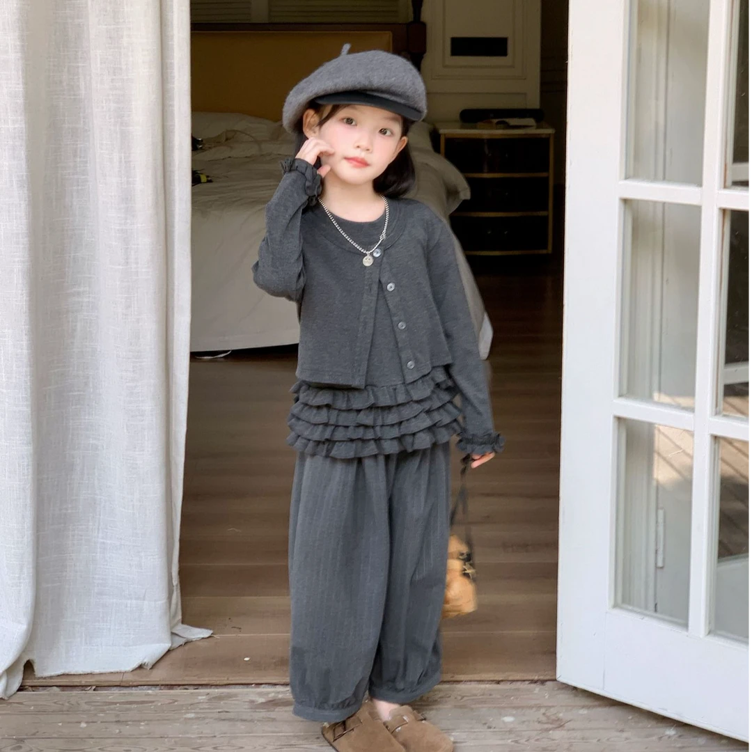 儿童秋季高级松弛感套装韩版假两件开衫灯笼裤儿童竖条纹长裤套装