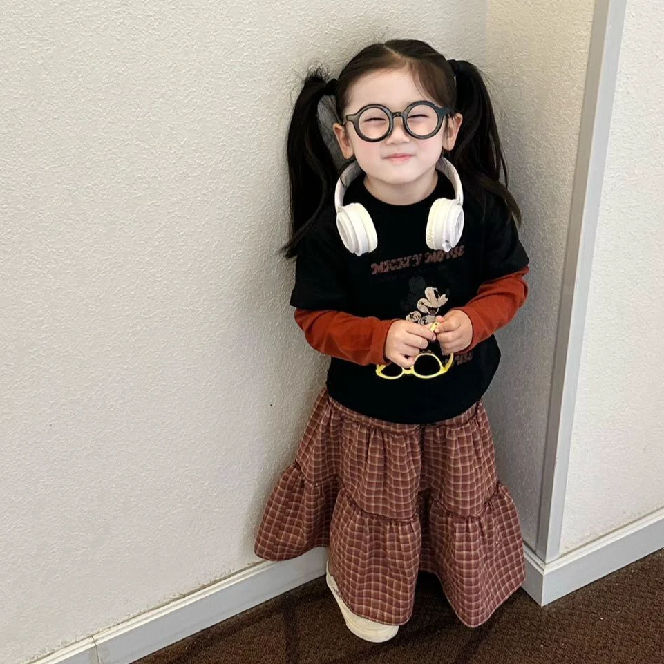 小惜亦2025春季新款女童洋气时髦假两件卫衣格子长裙套装