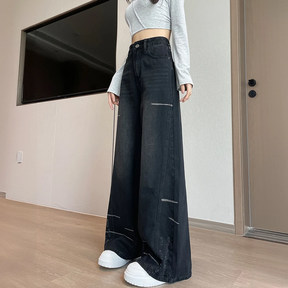 加绒加厚高街阔腿牛仔裤子女2026年新款春秋冬季磨毛显瘦显高直筒