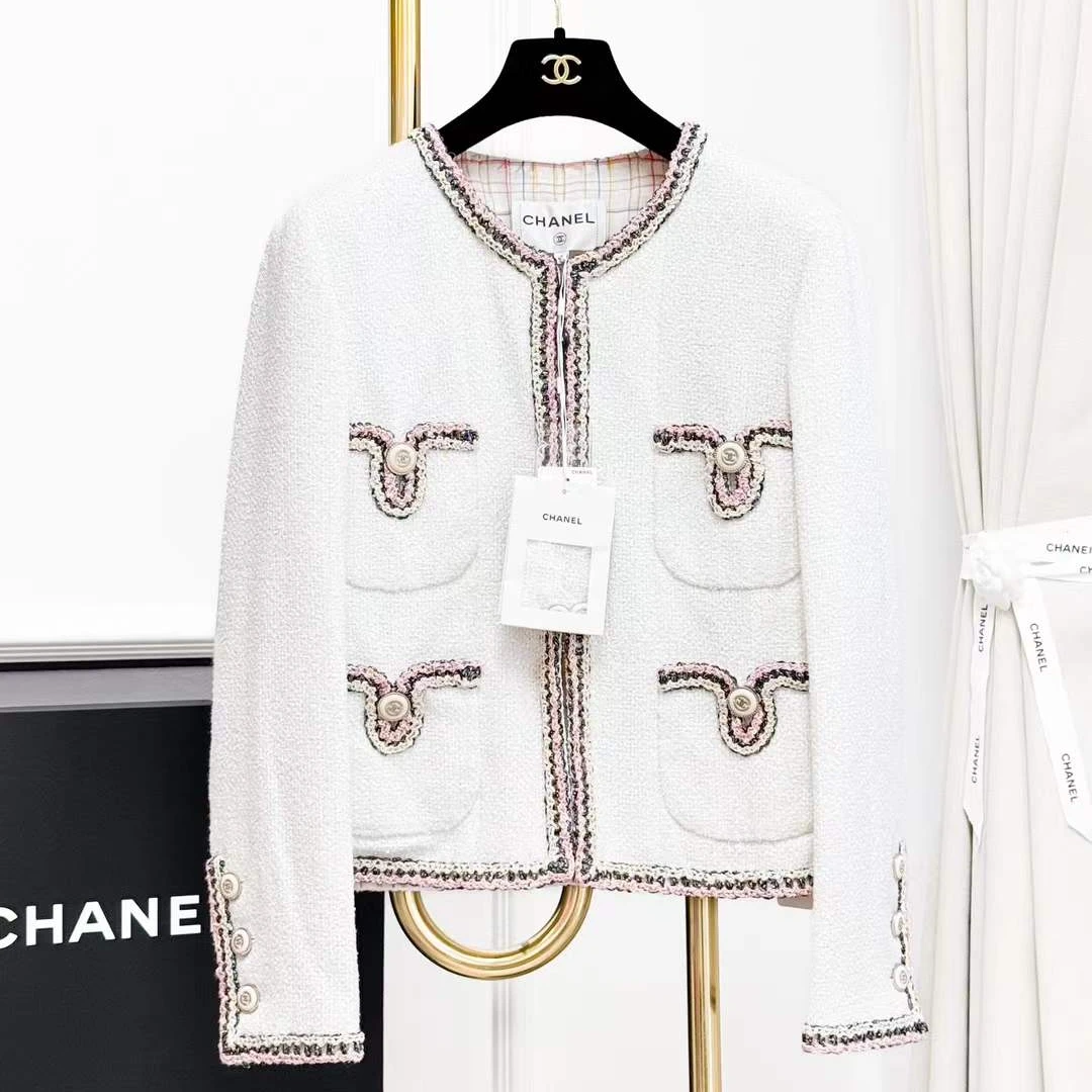 99新 Chanel/香奈儿  40码20C白色亮片编织彩色滚边四口袋外套