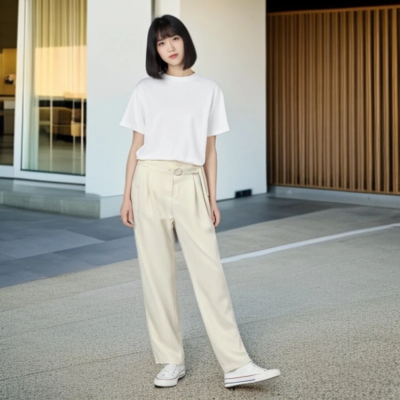 A539坚果杏时尚简约直筒裤配腰带百搭设计师简约高腰夏季阔腿